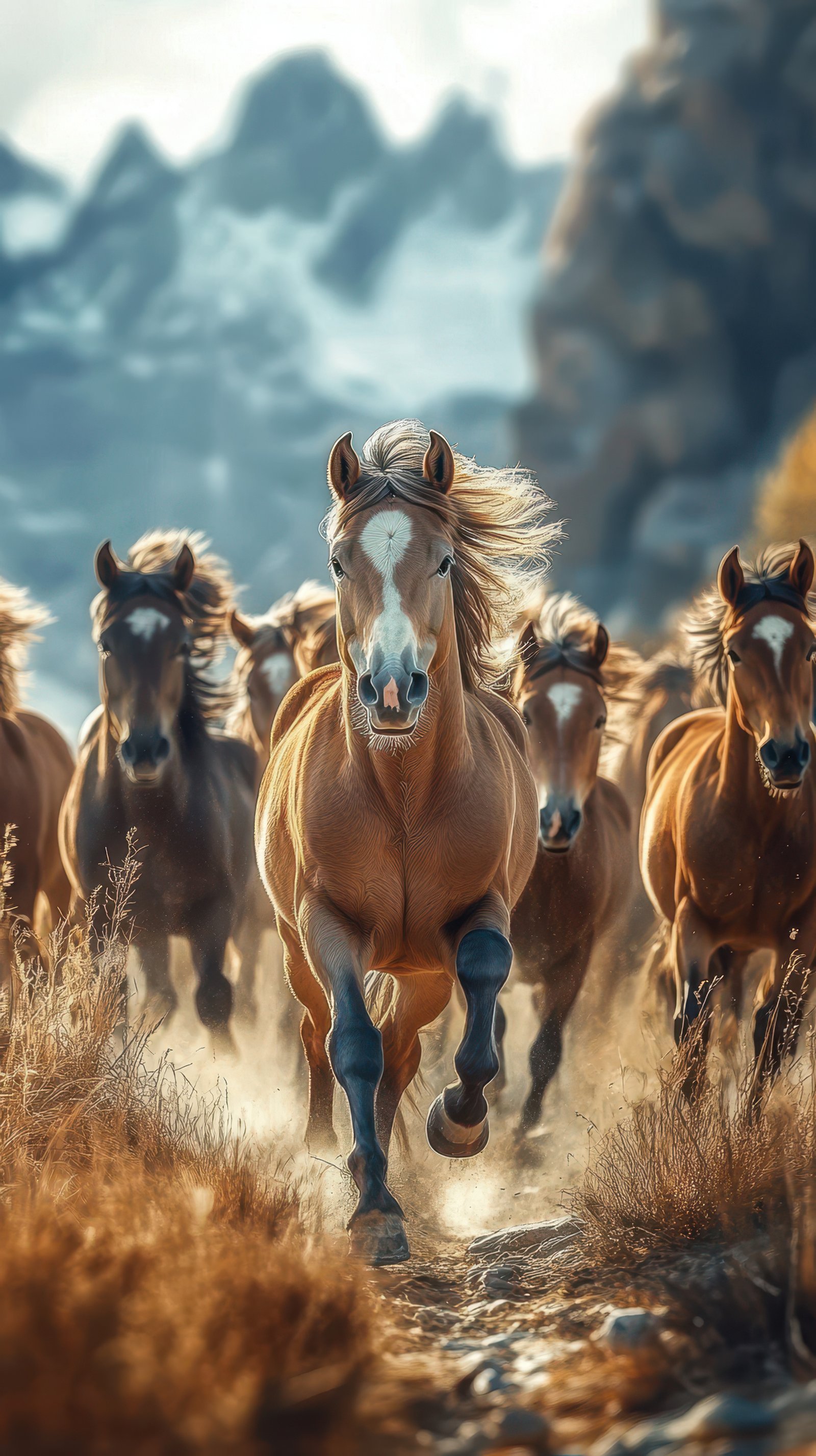 Herd of wild horses galloping through the plains with mountains in the background during golden hour